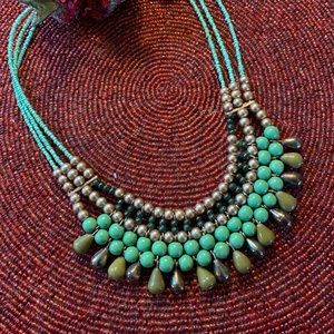 Green Rondelles & Gold Pearl Beaded Bib Necklace
